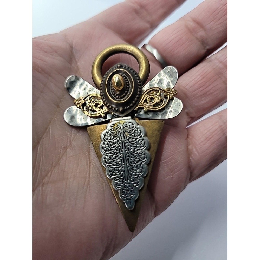 Vintage Treska Angel Brooch Pin Mixed Metal Halo Geometric Religious Signed - Picture 12 of 12